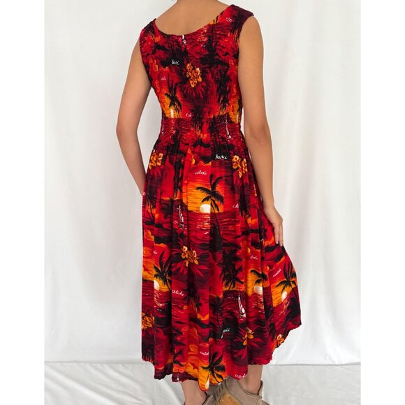 90s vintage red Hawaiian print beach vacation stretchy rayon cover up maxi dress - Picture 5 of 10